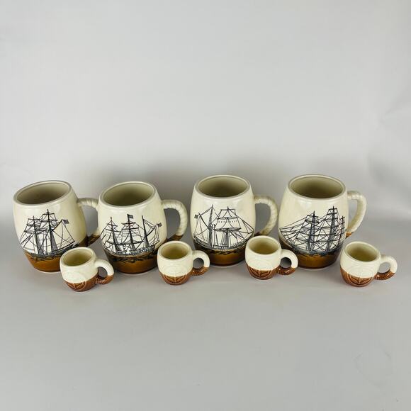 Enesco Shipper Clip Barrel Shape Stein 4 Mugs plus 4 Demitasse Anchor Cups - Picture 1 of 9